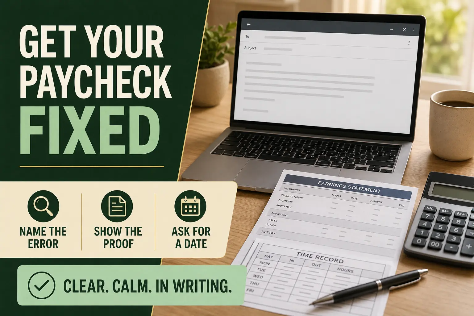 Payroll correction message guide with an email draft, pay stub, time record, and three steps for requesting a fix