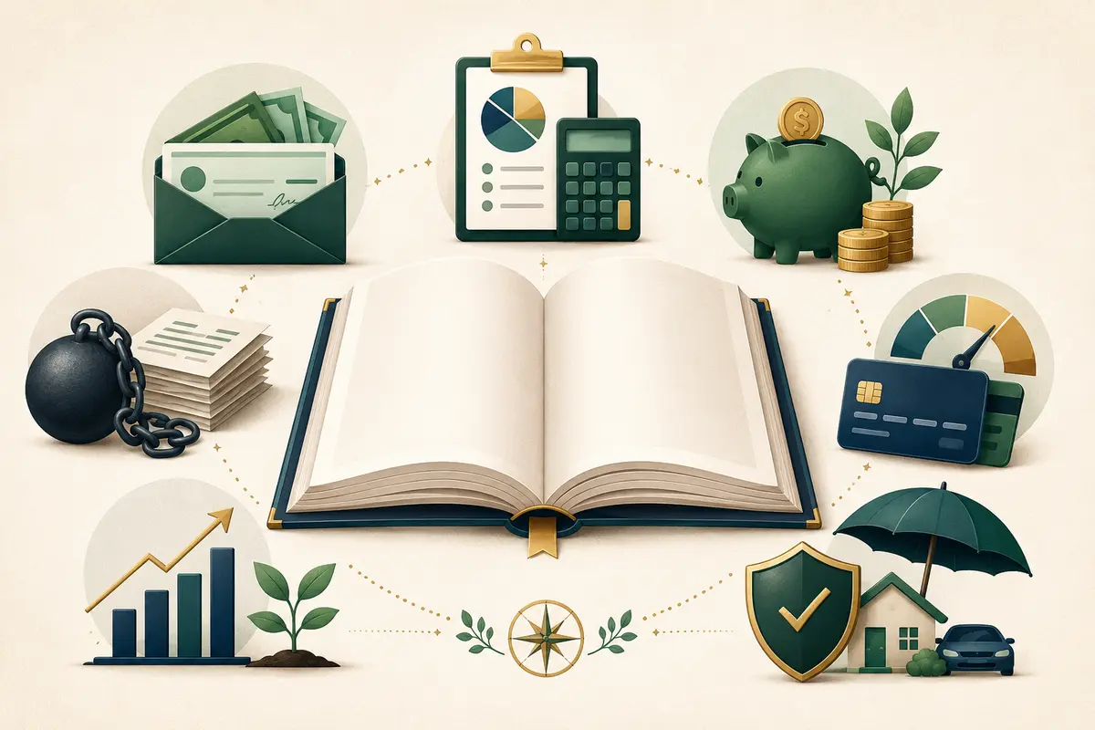 Personal finance glossary concepts for income, budgeting, savings, debt, credit, investing and insurance