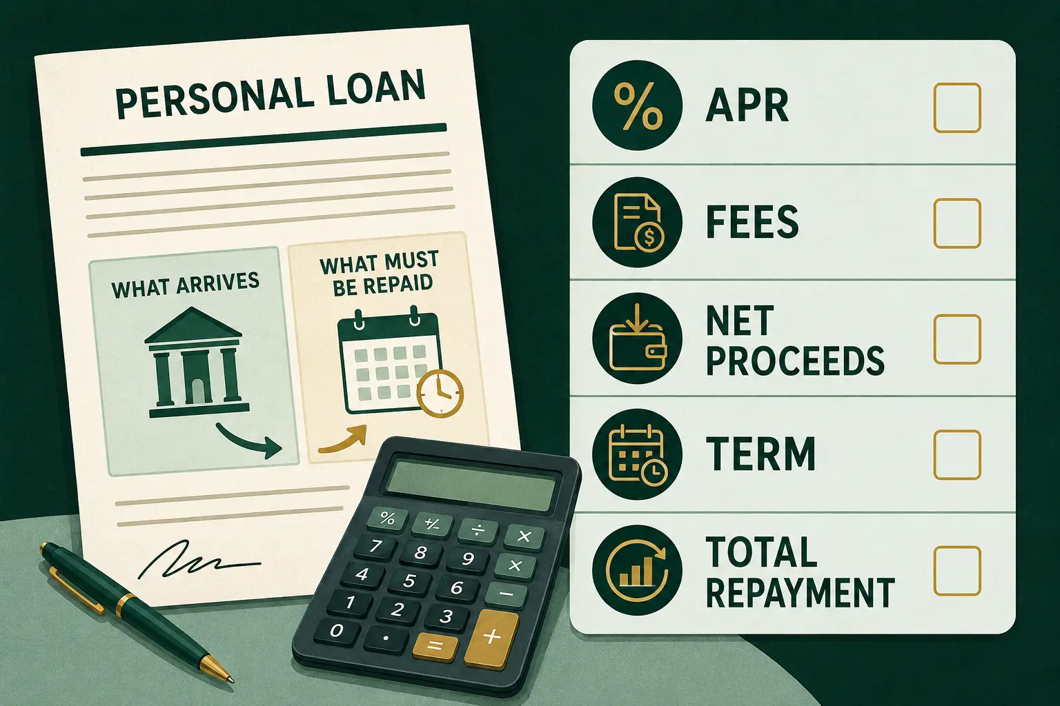Personal loan comparison checklist for APR, fees, net proceeds, term and total repayment