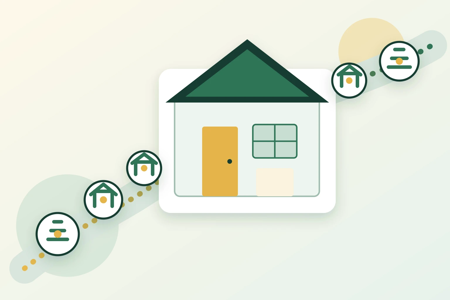 Five visual paths leading toward a building and investment marker
