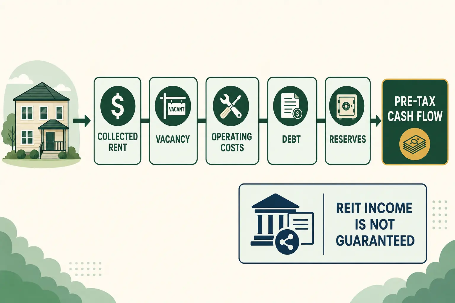 Rental property income flowing through vacancy, operating costs, debt, and reserves to pre-tax cash flow, with a REIT income warning