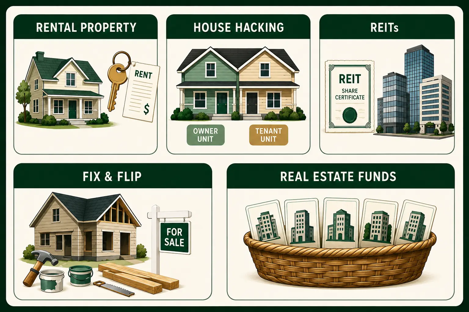 Comparison of five real estate investing paths, including rentals, house hacking, flipping, REITs and private deals