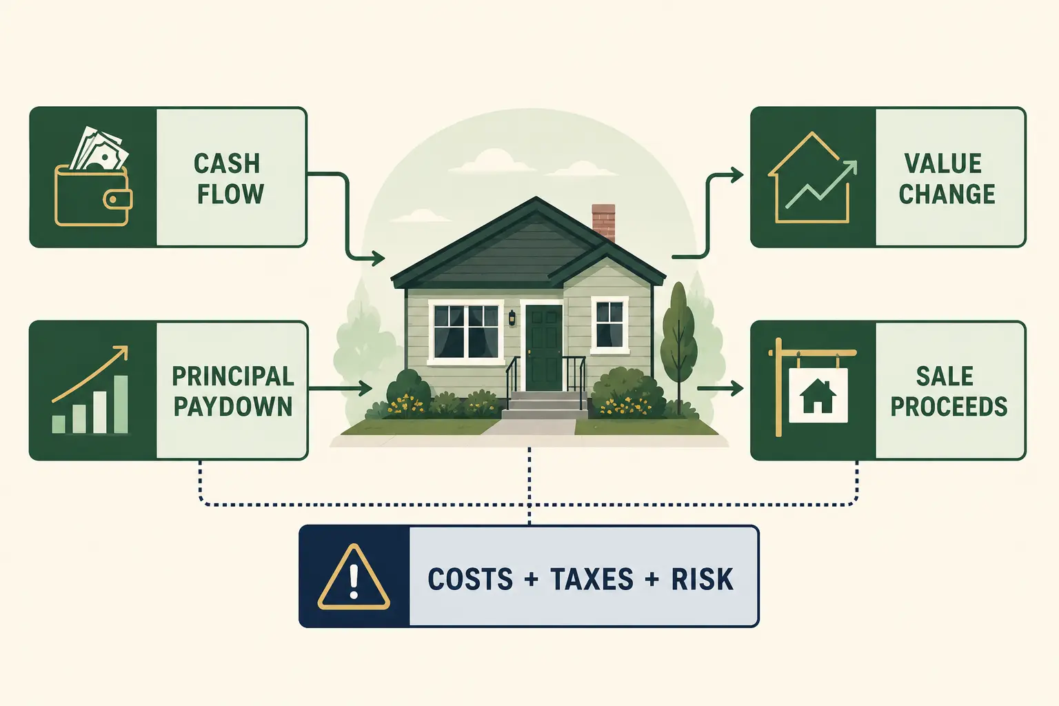 Rental house linked to cash flow, principal paydown, value change, and sale proceeds, with costs, taxes, and risk