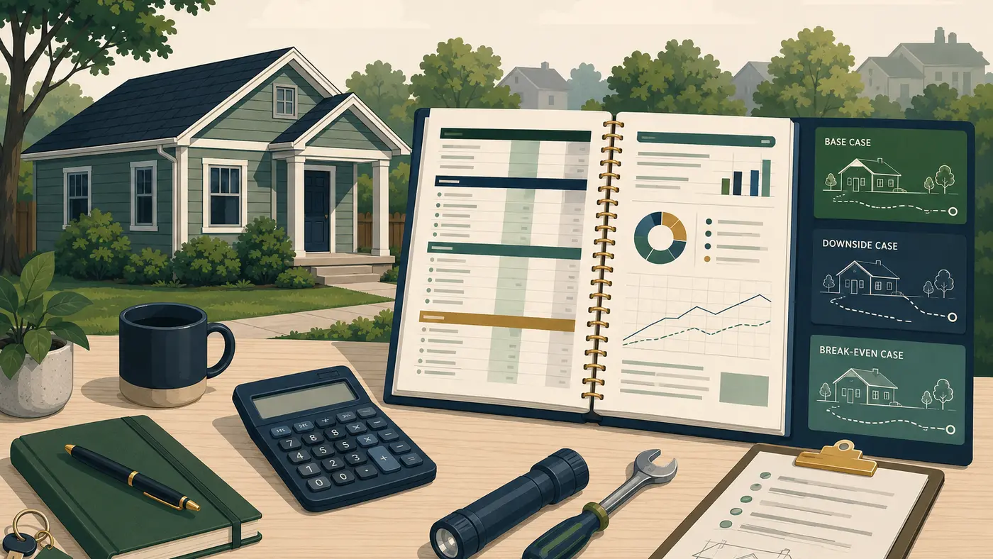 Real estate investment underwriting worksheet with base, downside and break-even scenarios