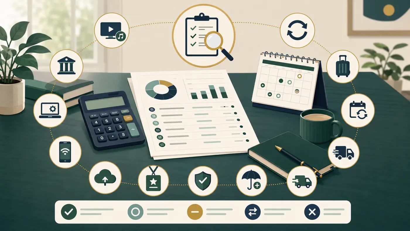 Recurring expense audit with eleven categories and keep, reduce, switch, pause or cancel decisions