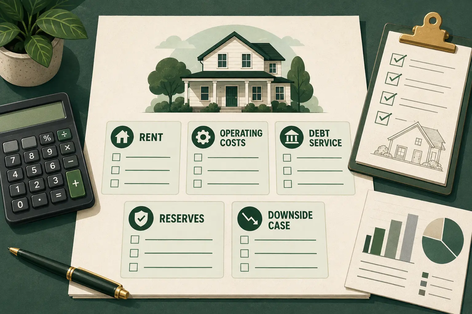 Rental property underwriting sheet for rent, operating costs, debt service, reserves and a downside case