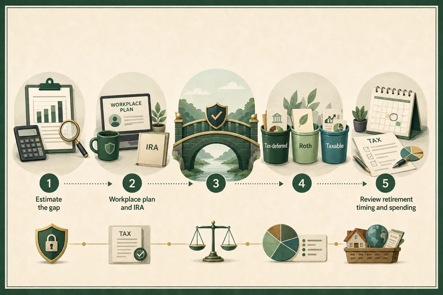 MoneyBucket retirement savings gap plan comparing tax-deferred, Roth and taxable accounts