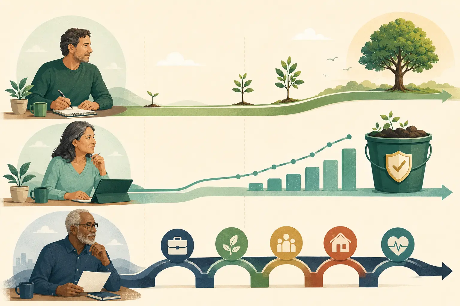 Adults at different ages building a retirement savings plan along a growing path