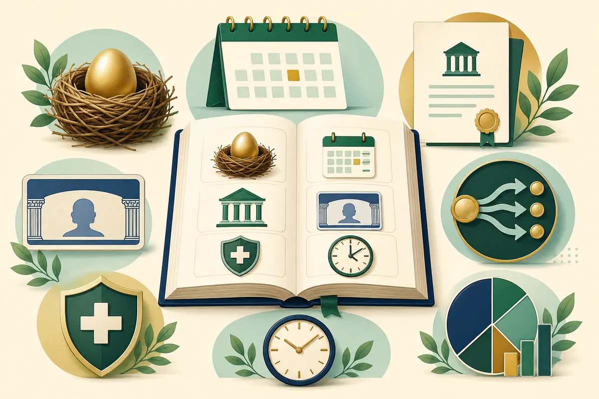 Retirement terms represented by a nest egg, calendar, benefit card, pension, health coverage and investment chart