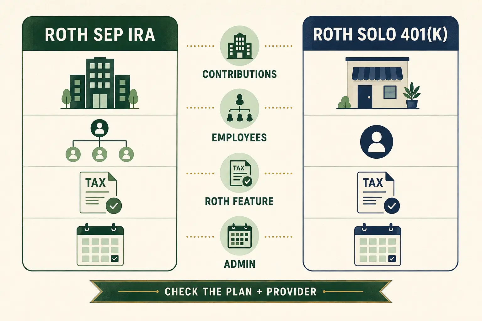 Comparison of Roth SEP IRA and Roth Solo 401(k) contribution, employee, Roth, and administration features