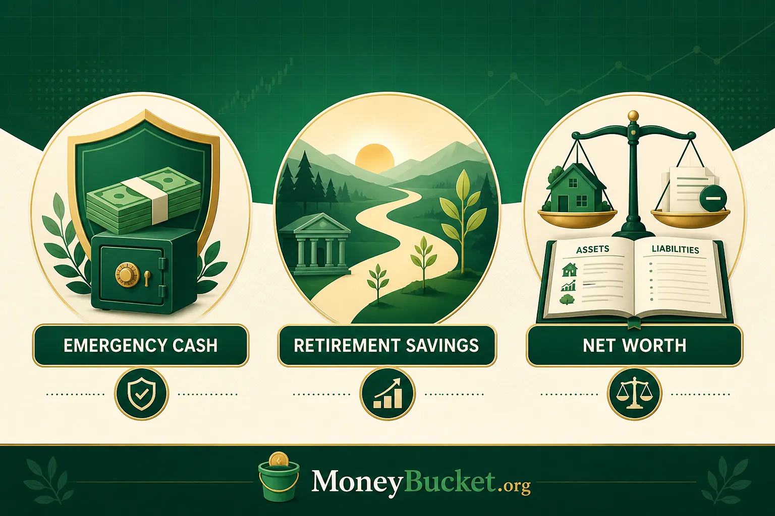 Emergency cash, retirement savings, and net worth shown as three separate financial benchmarks.