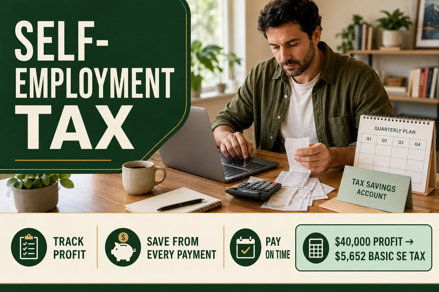 Independent worker separating business income, expenses, and tax savings while reviewing a quarterly tax calendar