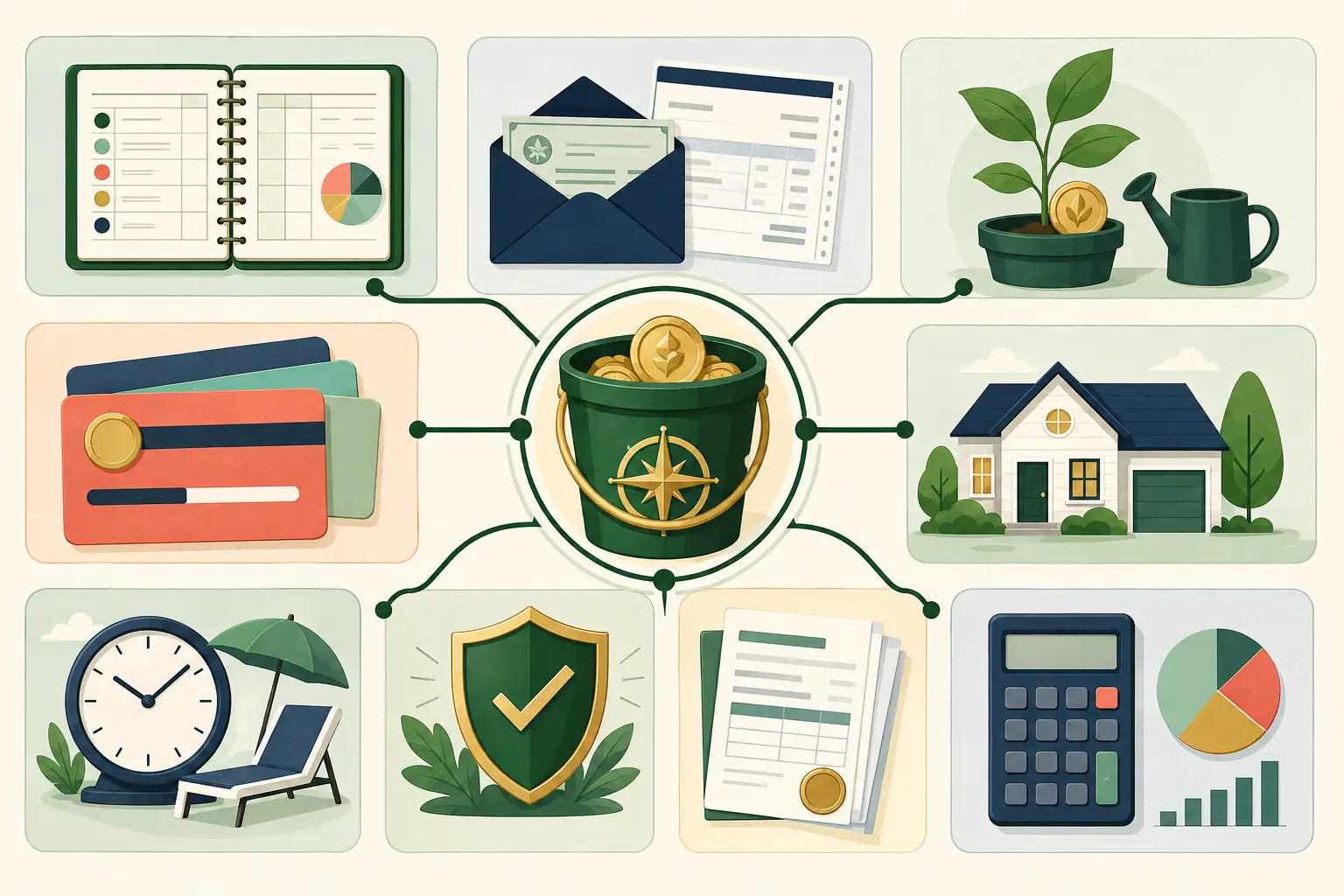 MoneyBucket guide map linking budgeting, pay, saving, debt, housing, retirement, protection, taxes, and calculators to one central money hub