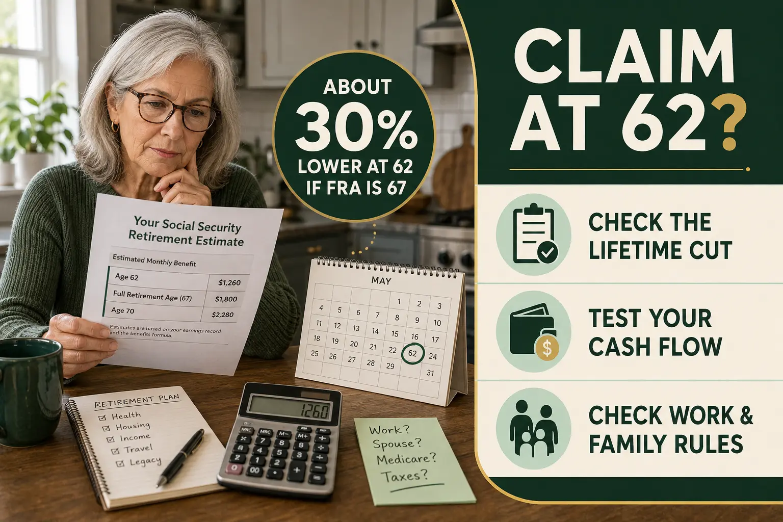 Social Security at 62 decision infographic showing the lifetime reduction, cash-flow test, work rules and family benefits