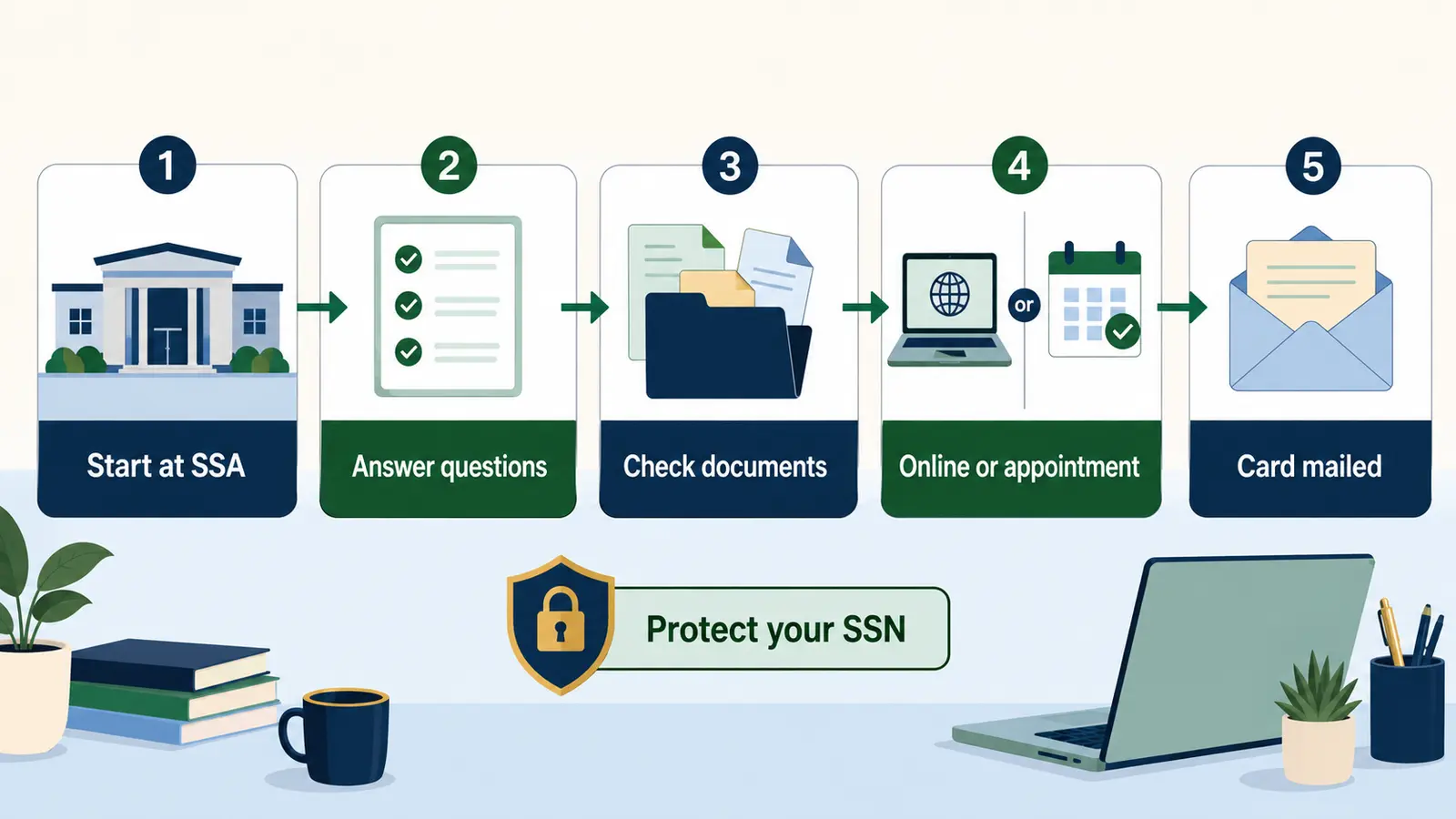 Social Security number application flow from SSA request through document review and mailed card