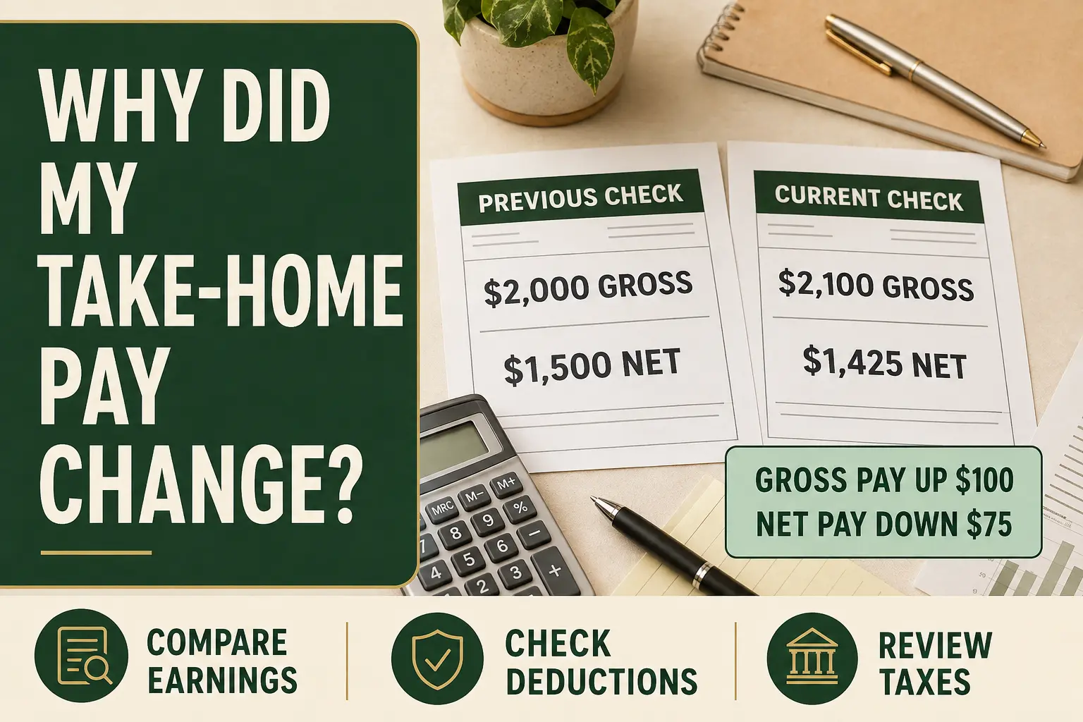 Two pay stubs showing gross pay rising from $2,000 to $2,100 while net pay falls from $1,500 to $1,425