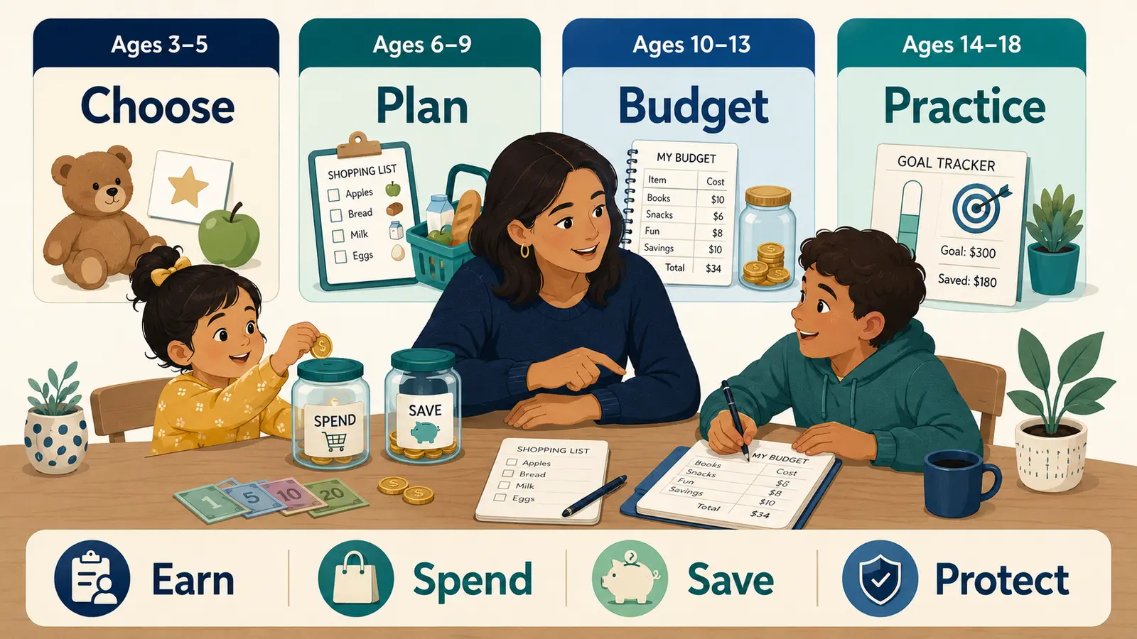 Age-by-age family activities for choosing, planning, budgeting, and practicing money skills