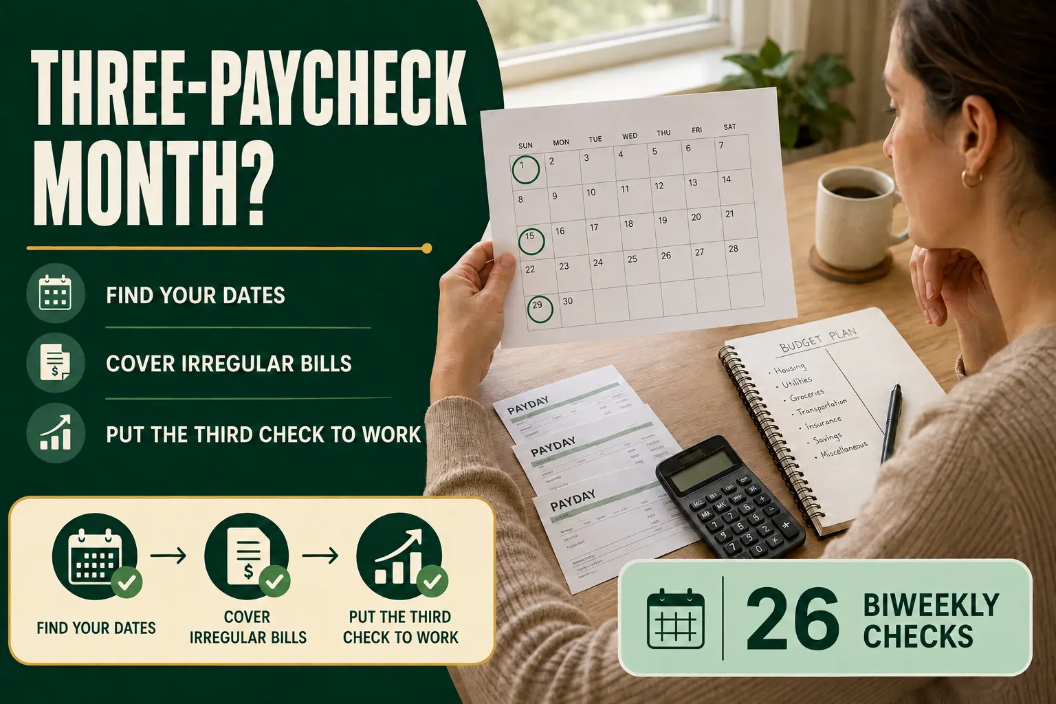 Worker marking three biweekly paydays on a calendar while planning irregular bills, savings, and debt payments