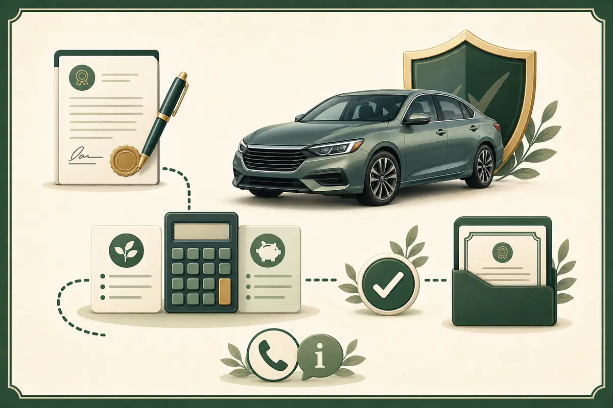 Illustration of a vehicle title-loan exit plan with payoff documents, cost comparison, account closure, and help resources