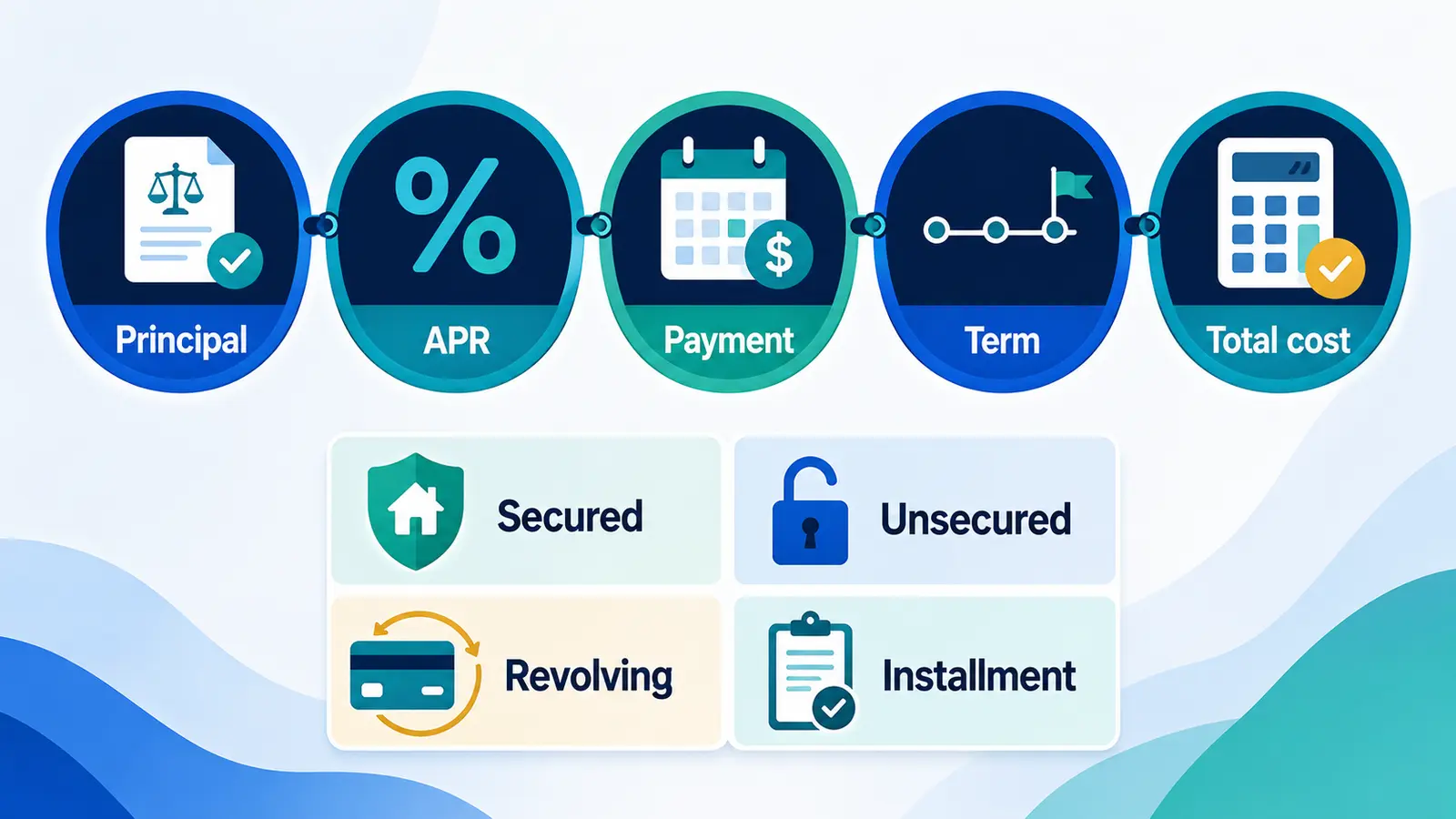 MoneyBucket debt infographic showing principal, APR, payment, term, total cost, and common debt structures.