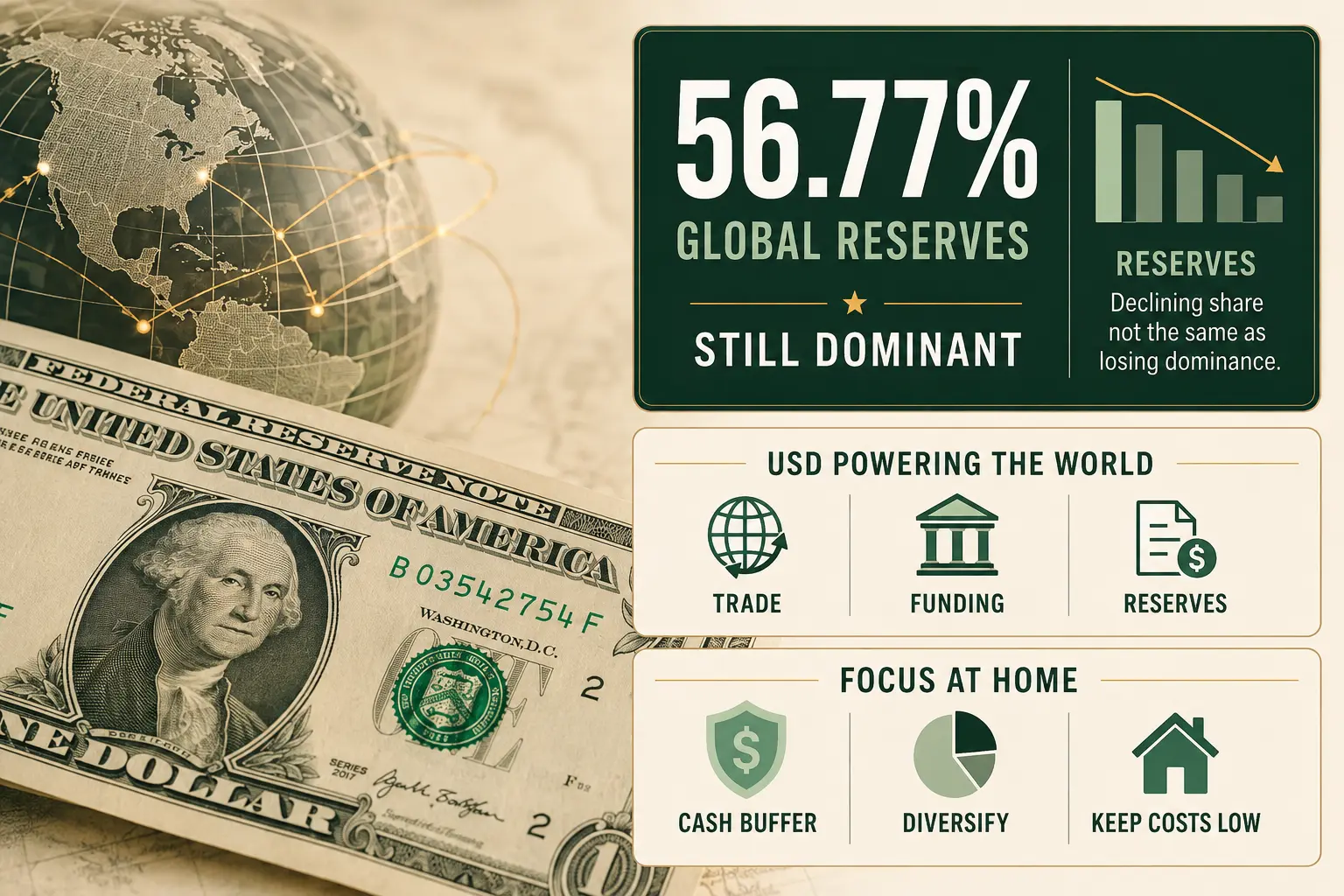 U.S. dollar reserve share infographic showing global use and household money actions