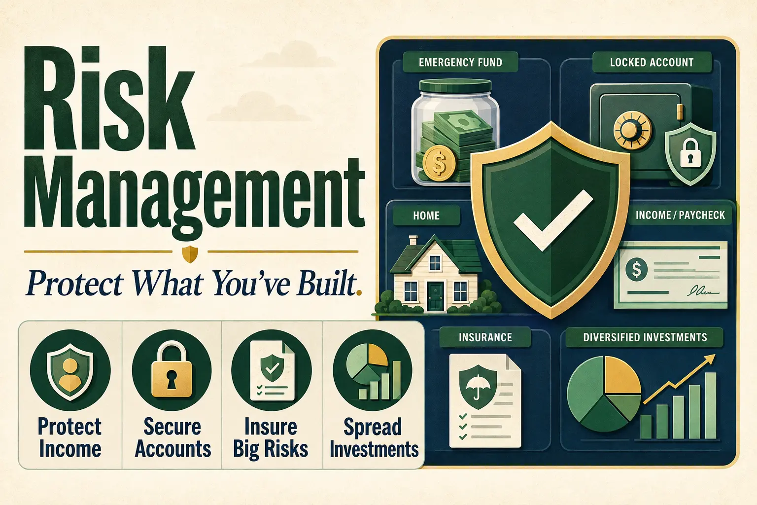Risk management dashboard showing income, account security, insurance, emergency savings, property, and diversified investments
