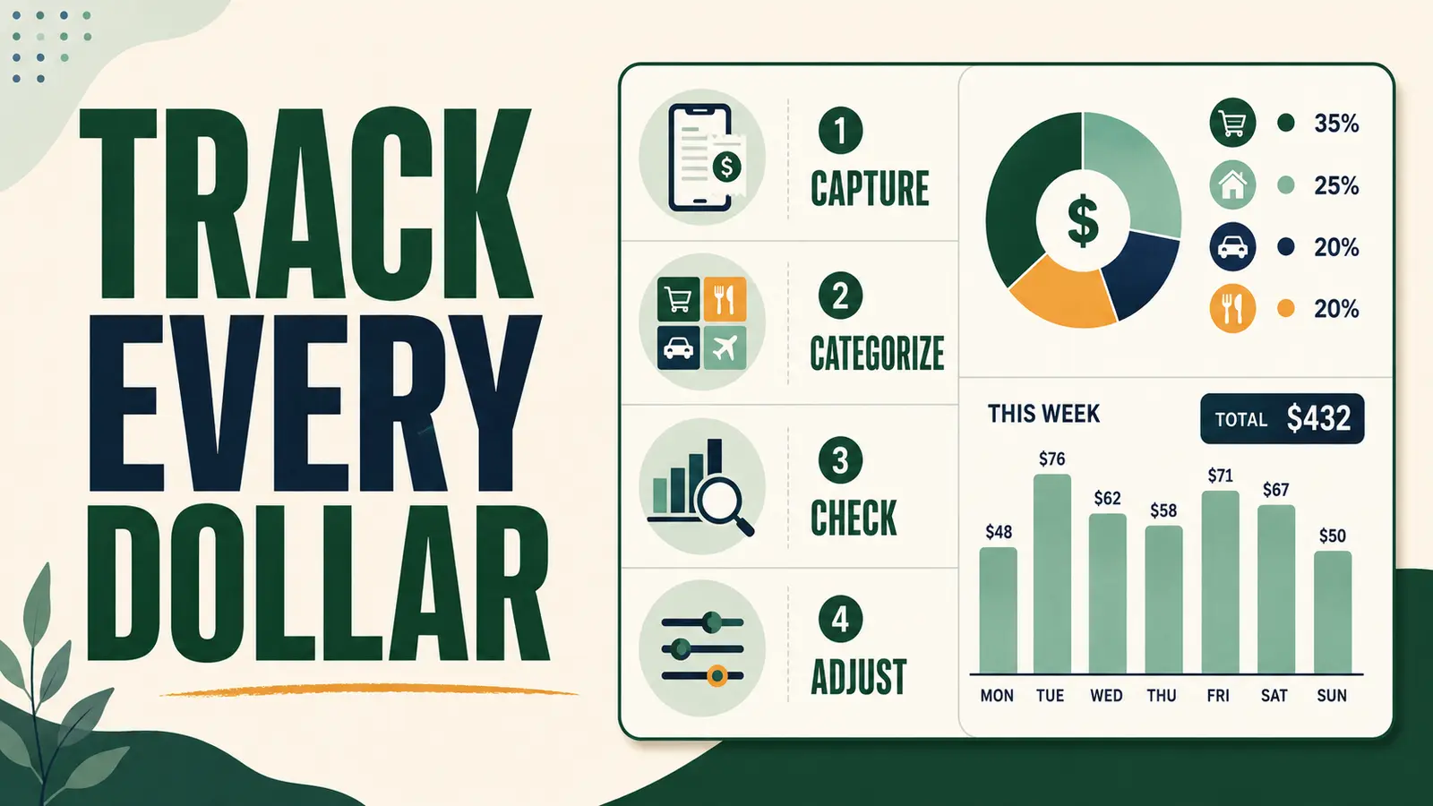 Expense tracking guide with a four-step weekly spending dashboard