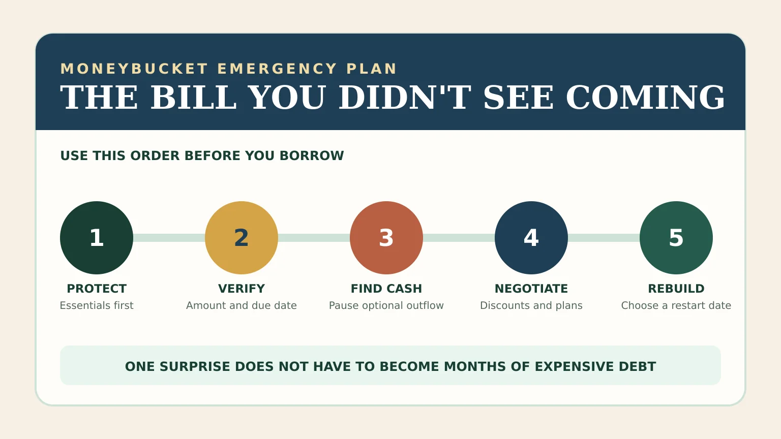 Unexpected expense action plan showing protect essentials, verify the bill, find cash, negotiate, and rebuild savings