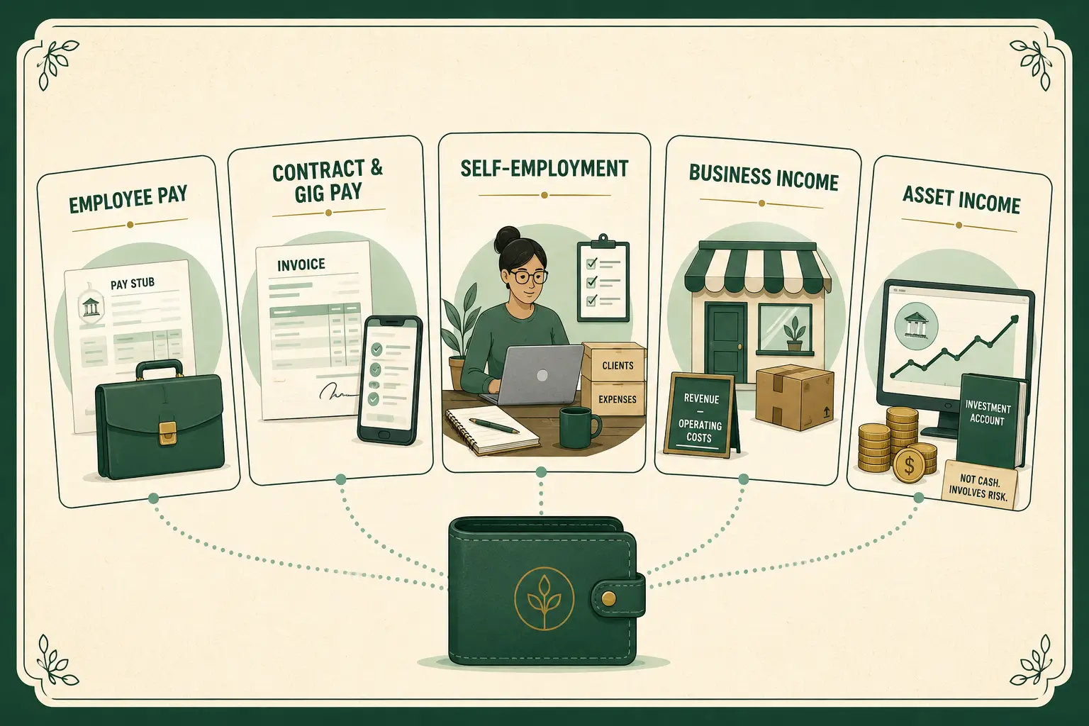 Five ways people earn money: employee pay, contract and gig pay, self-employment, business income, and asset income