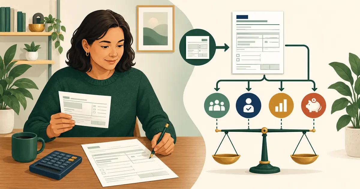 Worker reviewing a W-4 withholding checkup with pay statements, calculator, and income planning symbols