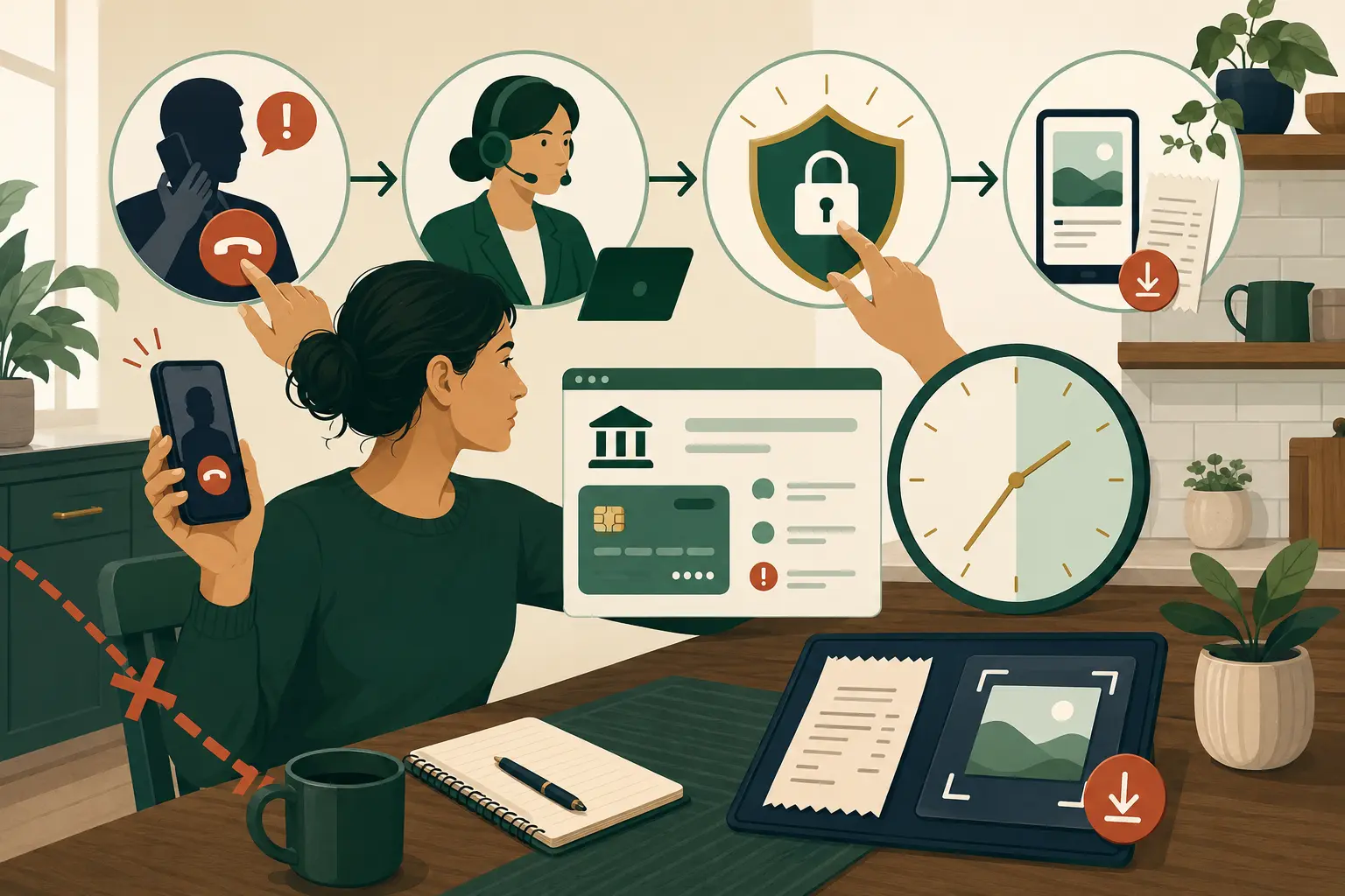 Person ending a scam call while contacting a bank, locking an account, and saving payment evidence before time runs out