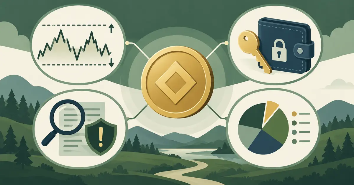 Cryptocurrency risk and custody checklist covering volatility, scams, storage and access