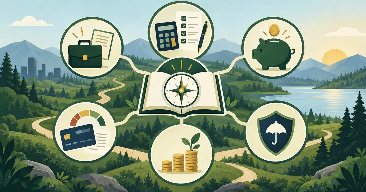 Financial literacy skills map covering budgeting, debt, saving, investing and protection