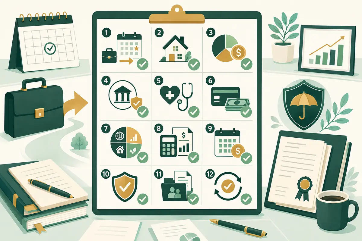 Illustrated retirement planning checklist with 12 decision icons