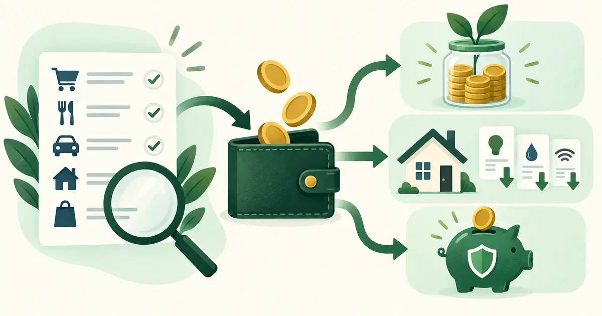 Money-saving plan with spending review, lower recurring costs, savings and an emergency cushion